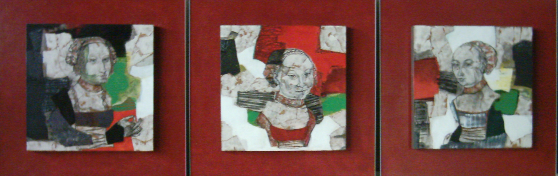 Drei Schwestern - Three sisters/ nach- made after Lucas Cranach d. Ä 1472 - 1553<br />
                      60x60cm<br />
                      Mixed media auf Holz<br />
                      Diese Portraits sind jedes für sich drehbar, somit ergeben sich immer neue Konstellationen. /  Each of these portraits are turnable so it is possible to  creat new constellations.